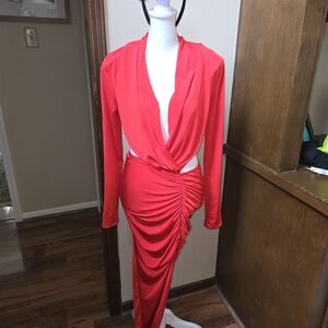 Red Draped Long Sleeve Dress Devilish Costume